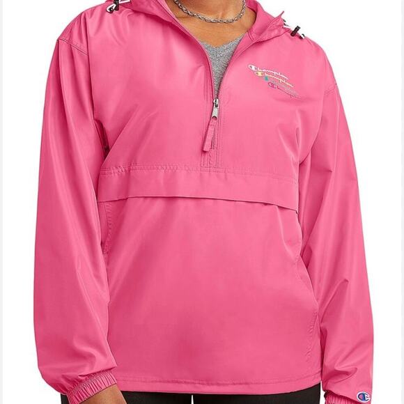 Champion Pink Packable Windbreaker Jacket Water Resistant Mirrored Logo Size M - Picture 3 of 13